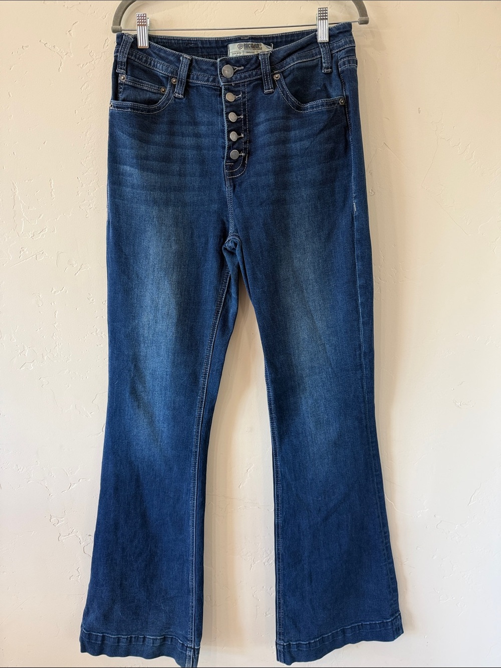 High-Rise Dark Blue Flare Jeans with Button-Fly